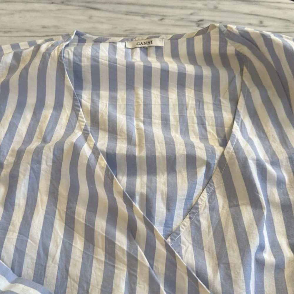 Ganni Blue and White Striped Wrap Blouse - Picture 4 of 8